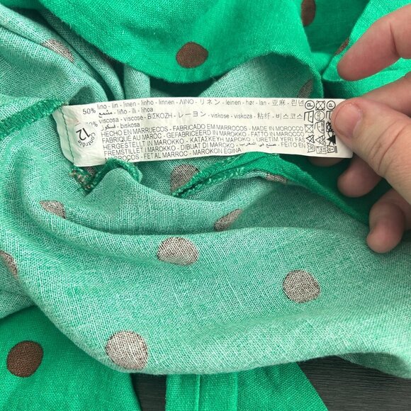 Zara Kelly Green Polkadot Linen Blend Top Sz XS Tunic Belted 3/4 Sleeve V Neck - Picture 8 of 8